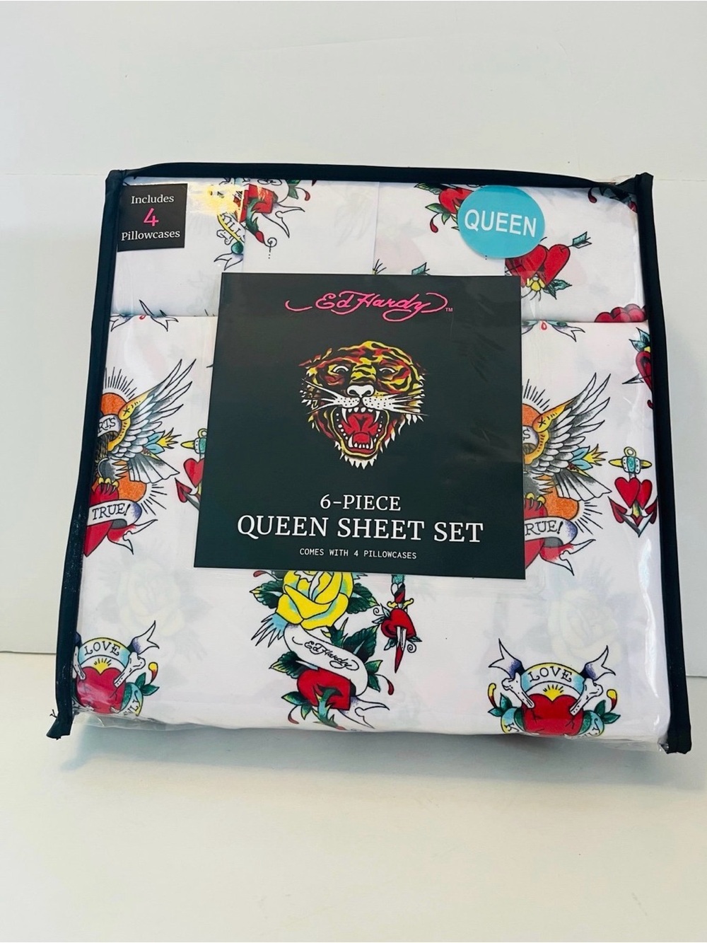 Ed Hardy White Queen Sheet Set Love Kills Slowly Heart Sword Yellow Rose Eagle